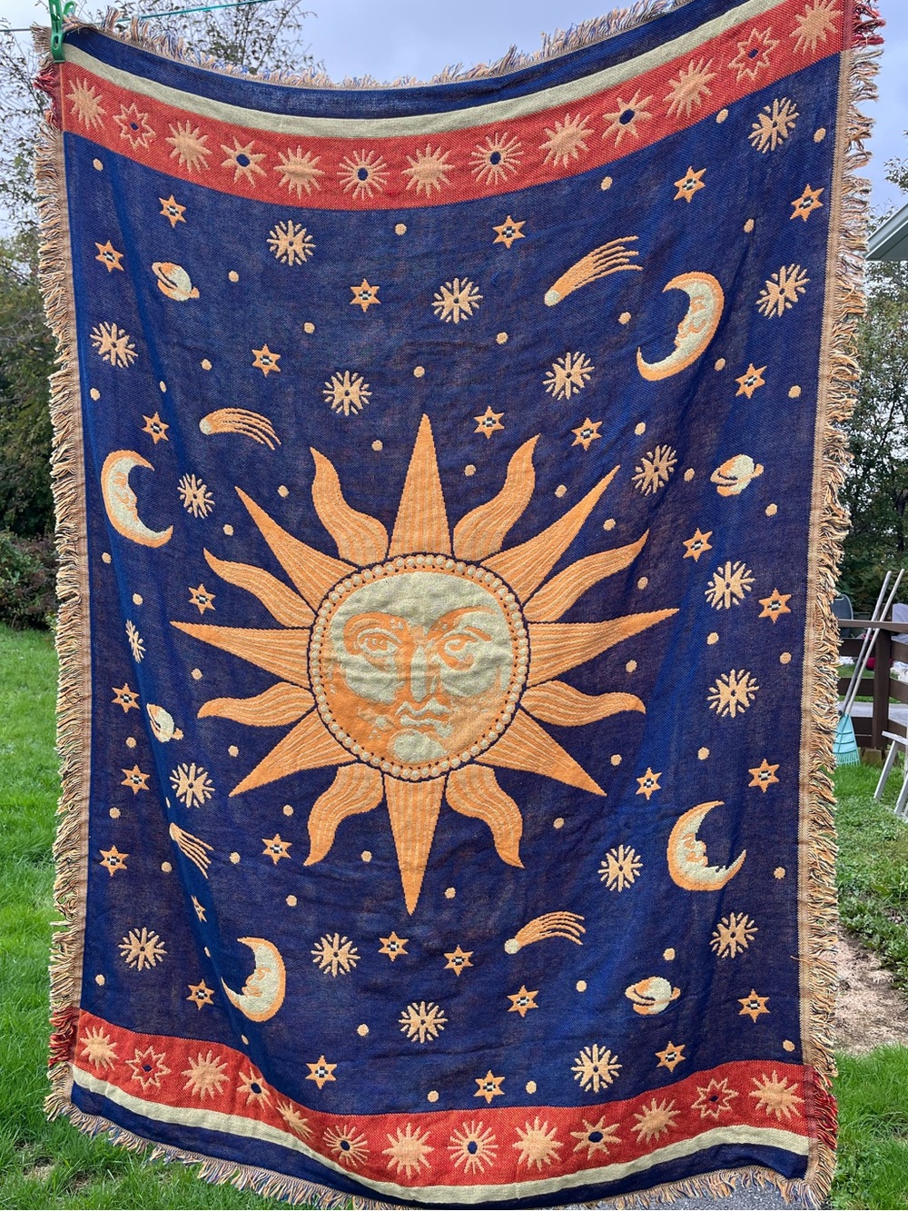 Celestial Sun Moon Stars Throw Blanket Knit Retro Navy Blue Yellow Fringe Hippie